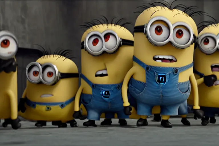 Prompt: a still of minion in the ring movie, gru's dead body, scary, horror movie, scary, a still movie