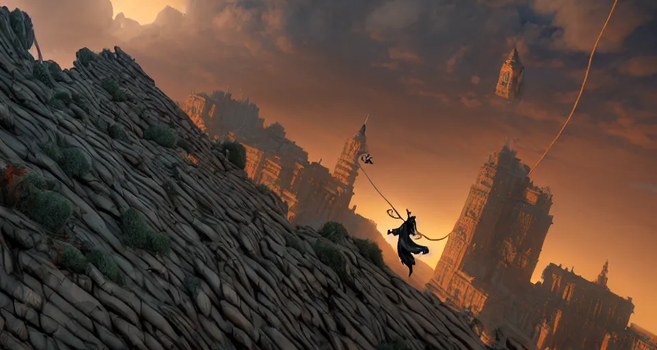 Image similar to an epic fantasy comic book style landscape painting of a hooded thief climbing a tall building with a city using a rope, unreal 5, daz, hyperrealistic, octane render, dynamic lighting