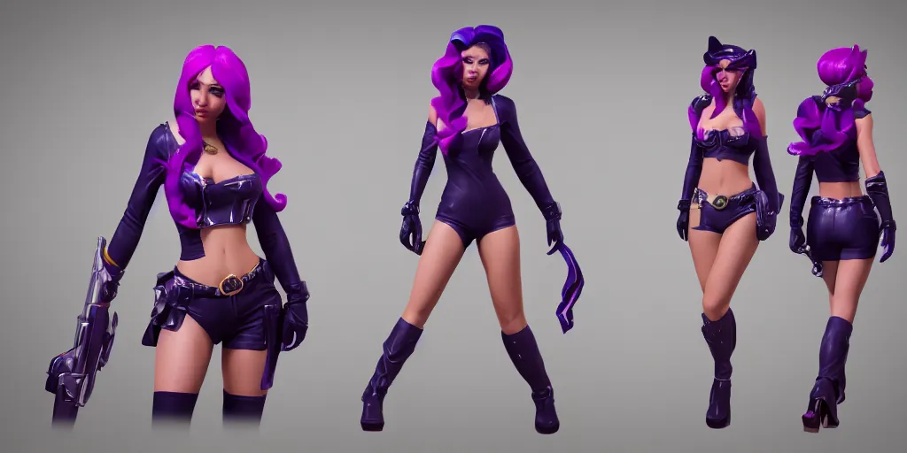 Image similar to character sheet of beautiful KDA More Miss Fortune (wild rift). 3d render, octane render, realistic, highly detailed, trending on artstation, 4k, trending on artstation, pixar, cgsociety, unreal engine 5, redshift render, trending on artstation, blender, behance, cg