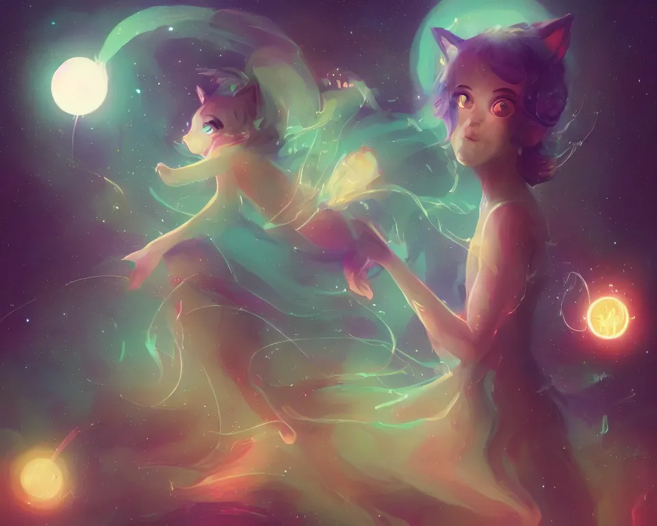 Image similar to beautiful whimsical cat girl standing in a lake in the moonlight, using magic, under a multi-colored binary blackhole with an accretion disc, glowing trails following her arms, wearing professional makeup, acidwave, by Lois van Baarle, by Greg Rutkowski, by artgerm, by beeple, by studio ghibli, cinematic angle, volumetric lighting, 4k resolution, octane render, trending on artstation, masterpiece