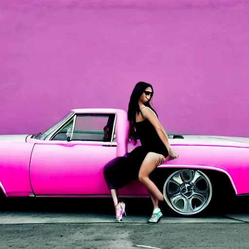 Prompt: Young woman in Los Angeles driving pink lowrider, high contrast, photo