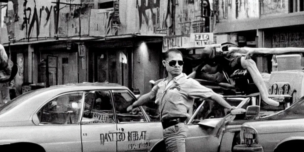 Image similar to most famous shot from the film taxi driver starring robert de niro