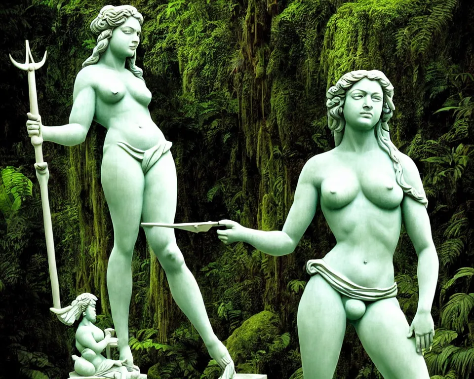 Prompt: achingly beautiful print of a lady justice sculpture outside a temple in the rainforest by raphael, hopper, and rene magritte. detailed, romantic, enchanting, trending on artstation.