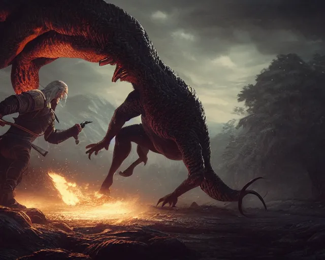 Image similar to 5 5 mm portrait photo of geralt fighting a hydra. magical atmosphere. art by greg rutkowski. highly detailed 8 k. intricate. lifelike. soft light. nikon d 8 5 0.