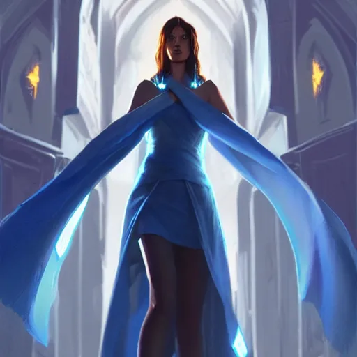 Prompt: full body portrait, young and beautiful female high wizard in blue robes, dramatic lighting, cinematic, establishing shot, extremely high detail, photo realistic, cinematic lighting, post processed, concept art, artstation, matte painting, style by eddie mendoza, raphael lacoste, alex ross, greg rutkowski