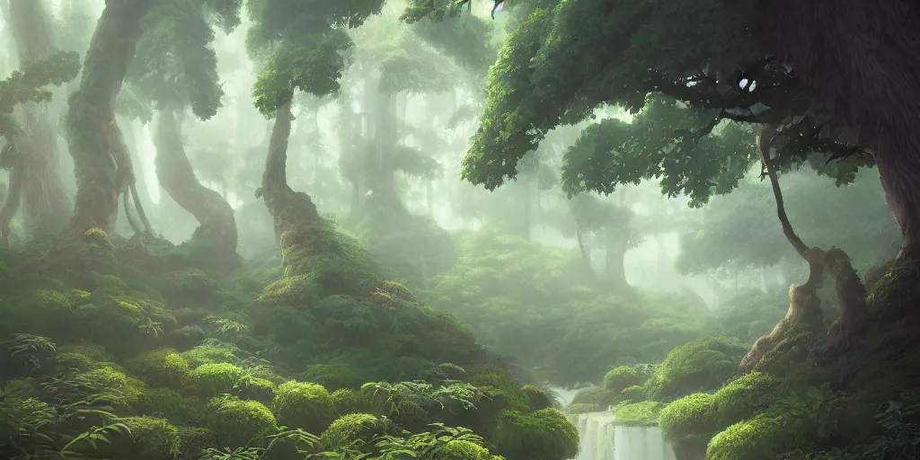 Prompt: A highly detailed matte oil painting of a forest by Studio Ghibli, by Mokoto Shinkai, hyperrealistic, cinematic, breathtaking, beautiful composition, by Artgerm, by beeple, volumetric lighting, octane render, 4K resolution, trending on artstation