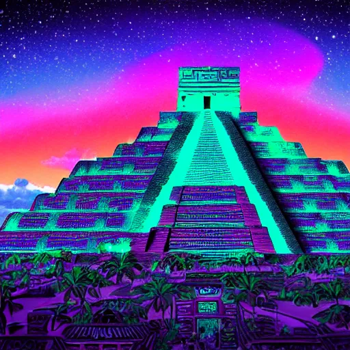 Image similar to Ancient mayan cityscape,digital art,retrowave art