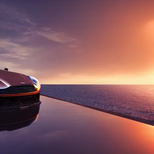 Image similar to the sea reflecting on an Aston Martin, 8k resolution, hyper detailed, ray tracing, sunset