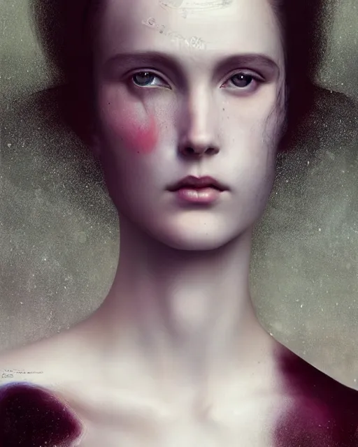 Image similar to stunning close up editorial portrait of a woman, symmetrical face, sci-fi skin, official prada editorial, beautiful pre-raphaelite portrait by charlie bowater, by Hendrik Kerstens, by Zhang Jingna, by norman rockwell, highly detailed