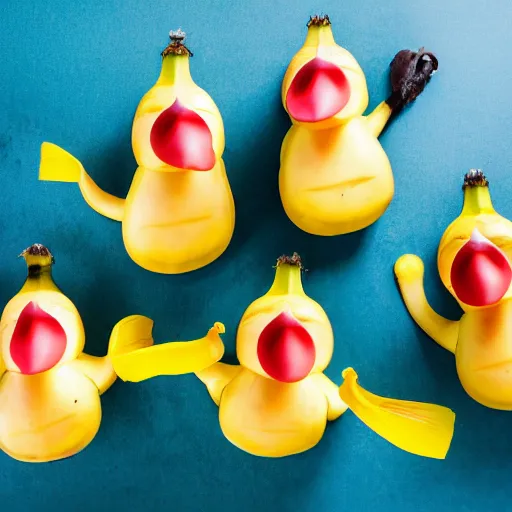 Image similar to professional photograph of banana ducks, peeled bananas with googly eyes and duck beaks