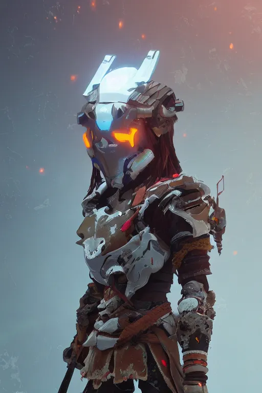 Image similar to combination suit armor aloy horizon forbidden west horizon zero dawn robot ninja mask helmet backpack tribal, aesthetic octane render, 8 k hd resolution, by ilya kuvshinov and cushart krentz and gilleard james radiating a glowing aura cgi rtx 2 0 2 2