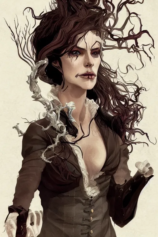 Image similar to yennefer of vengerberg in sleepy hollow, full body, big two toned eyes, teeth gritted, horror, intricate details, cinematic, epic, realistic, anatomy, tomer hanuka, uplight, artstation, photorealistic, scary