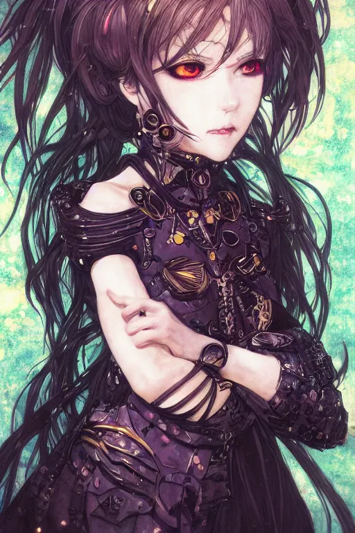 Image similar to portrait of beautiful young gothic anime maiden, cute anime face, cyberpunk, Warhammer, highly detailed, artstation, illustration, art by Gustav Klimt