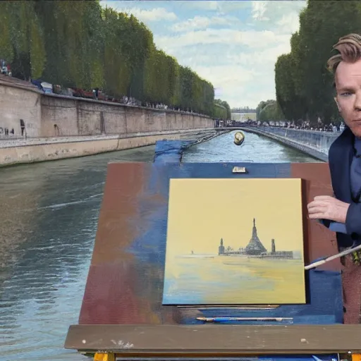 Prompt: Ewan mcgregor is painting a canvas at the river of Seine in Paris early 20th century. Next to him is a brown cat with yellow eyes, by Ghibli studios style