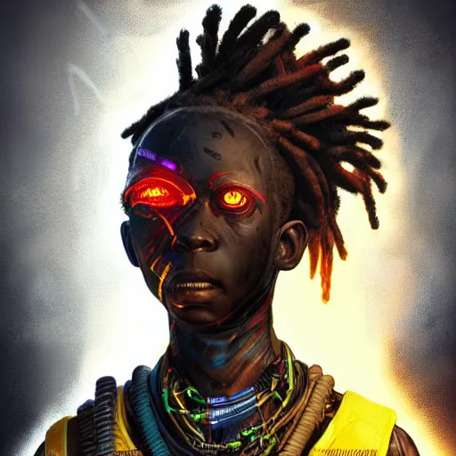 Prompt: a dark and ominous cyborg african child soldier with glowing eyes and dreadlocks, neon graffiti, Apex Legends character digital illustration portrait design, by android jones and greg rutkowski in a cyberpunk voodoo style, synthwave color scheme, detailed, cinematic lighting, wide angle action dynamic portrait