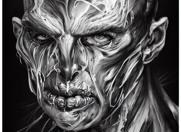 Prompt: a dream portrait of a man - horse aberration, black & white, melting, webbing, 8 k, by tristan eaton, stanley artgerm, tom bagshaw, greg rutkowski, carne griffiths, ayami kojima, beksinski, giger, trending on deviantart, face enhance, hyper detailed, minimalist, horror, alien