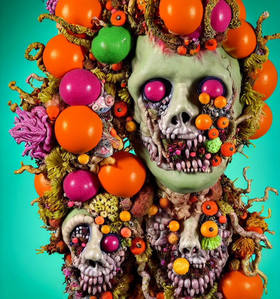 Prompt: headshot of a trickster nature zombie, head made of fruit and flowers in the style of arcimboldo, fragonard, covered with tendrils and snail shells, oil painting, ethereal, volumetric lighting, action figure, clay sculpture, claymation, turquoise pink and orange, botanical rainbow backdrop