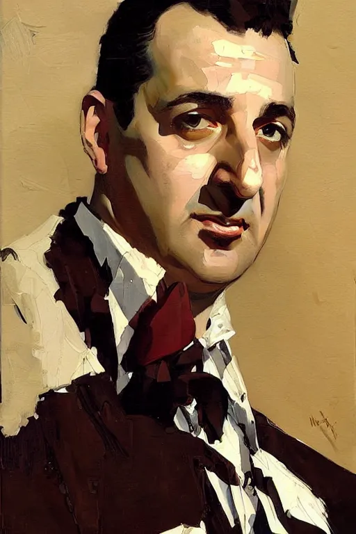 Image similar to mike stoklasa painting by jc leyendecker!! phil hale!, angular, brush strokes, painterly, vintage, crisp