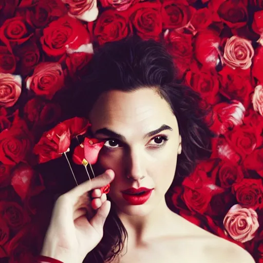 Prompt: fine art photo of the beauty gal gadot, she is merging from red roses, taken by oleg oprisco