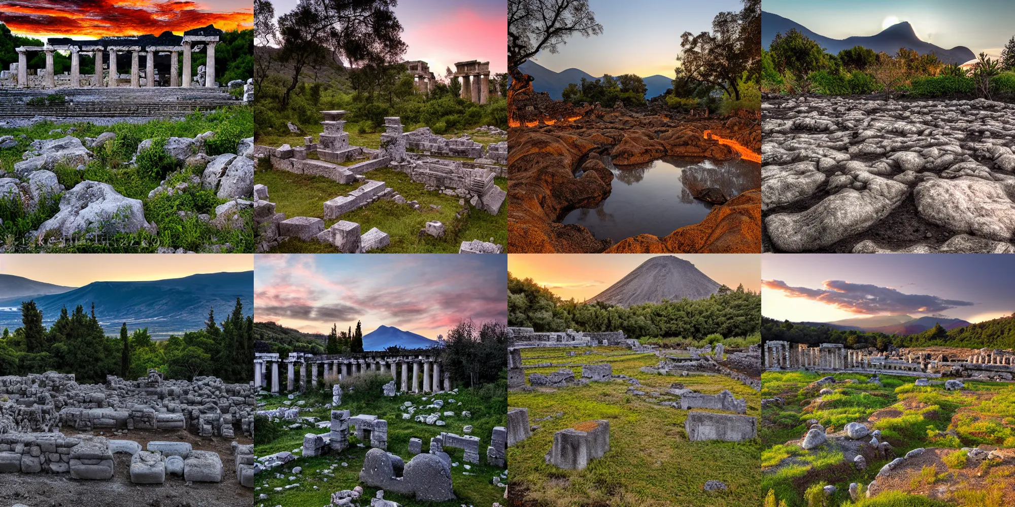 Prompt: landscape marble zone, mountains in distance, forest, lava puddles, overgrown greek temple ruins, dusk