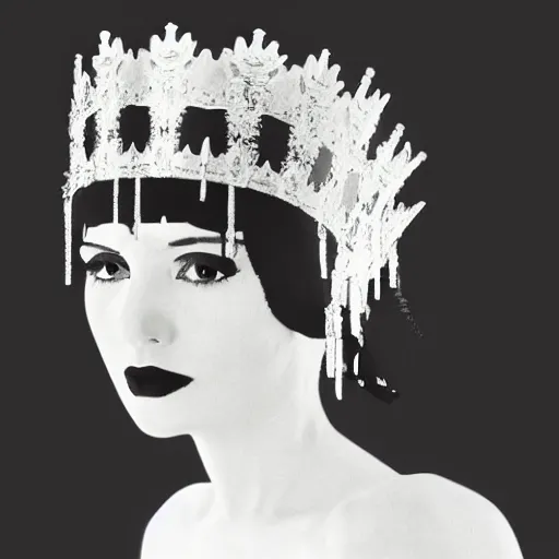 Image similar to a beautiful black haired woman with pale skin and a crown on her head sitted on an intricate metal throne, sharp focus, 8 k, cg, style by andy warhol