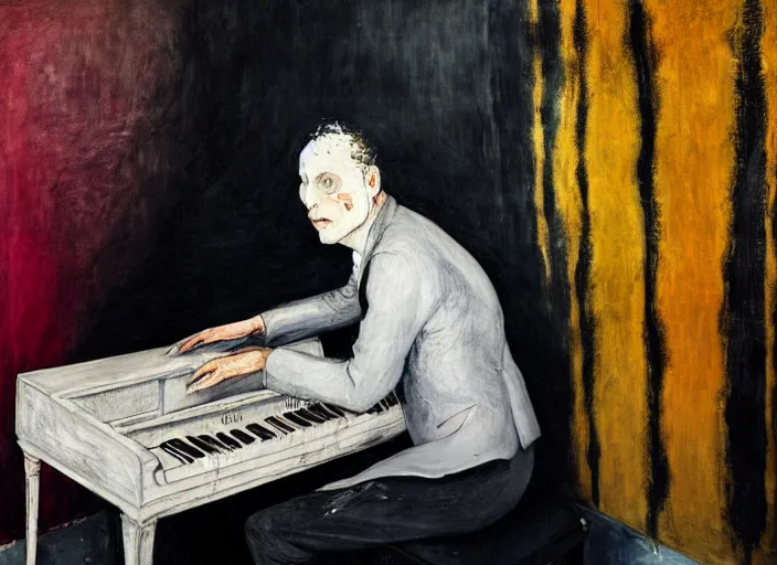 Prompt: portrait of a piano player in suit waiting, vincent lefevre and hernan bas and pat steir and hilma af klint, psychological, photorealistic, dripping paint, washy brush, rendered in octane, altermodern, masterpiece