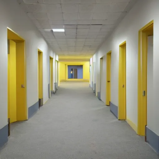 Image similar to !dream Backrooms, where it's nothing but the stink of old moist carpet, the madness of mono-yellow, the endless background noise of fluorescent lights at maximum hum-buzz, and approximately six hundred million square miles of randomly segmented empty rooms to be trapped in