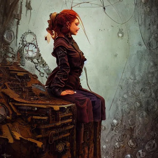 Prompt: a painting of a steampunk female character by gediminas pranckevicius and seb mckinnon, artstation, impressionism, acrylic art, dye - transfer, speedpaiting, oil on canvas