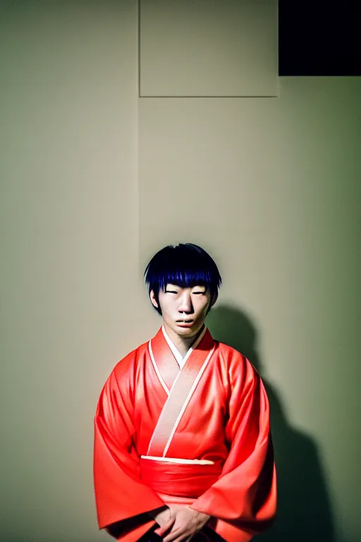 Prompt: photography masterpiece by haruto hoshi, flash photography portrait of young japanese man in kabuki cho, shot with a 3 5 mm lens aperture f / 5. 6, kodak ultramax iso 4 0 0 filmstock, subdued color, hyper realistic, octane render