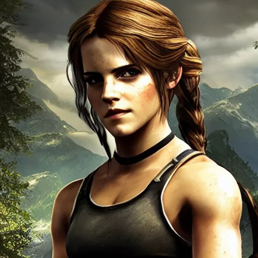 Image similar to Screenshot of Emma Watson as Lara Croft video game