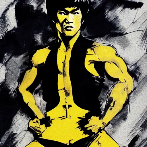 Image similar to Bruce Lee wearing a yellow jumpsuit by Yoji Shinkawa and Ashley Wood