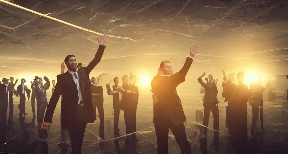 Image similar to Dramatic photo of a CEO waving to a large group of his coworkers in a futuristic office. Golden coins are levitating all around them. 8k, high detail, trending on Artstation, volumetric lighting, cyberpunk