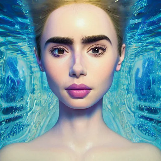 Prompt: a beautiful blonde queen girl lily collins, floating under the deep dream water, beautiful smooth soft light + white petal, oil paint, cinematic lighting, octane render, unreal engine 5, closeup, 4 k, highly detailed, instagram,