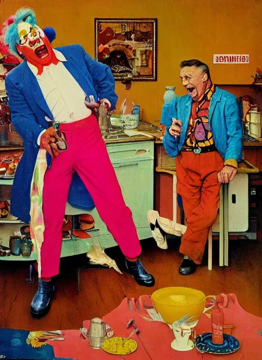 Image similar to dennis hopper screaming about the candy coloured clown in a kitchen, painted by norman rockwell and tom lovell and frank schoonover, pink and blue