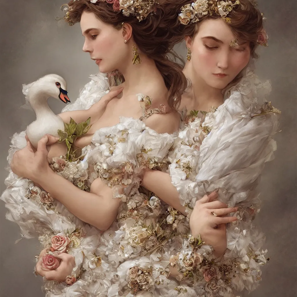 Prompt: a queen with a decorated dress made of white and cream colored roses holding a swan in her arms, highly detailed, digital painting, trending on artstation , HD quality, by artgerm and greg rutkowski and alphonse mucha, dramatic light, octane