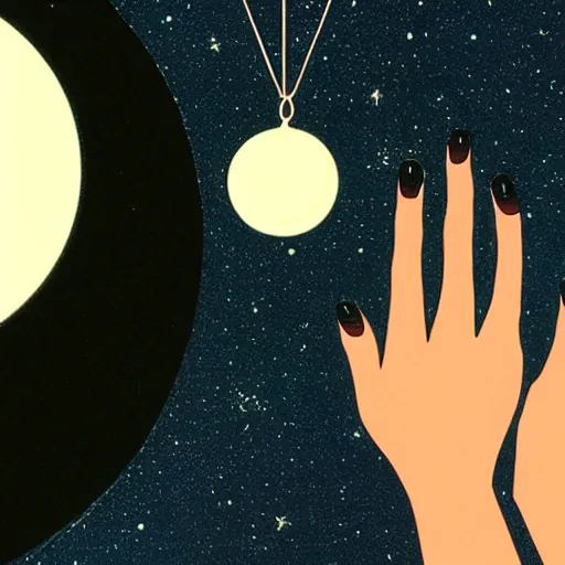 Image similar to closeup of a womans face wearing a neckless with a glowing planet Saturn as the pendant, the rings are glowing around the planet, the woman's hand reaching for the pendant, flat design, screen print by kawase Hasui and Dan hillier, 8k