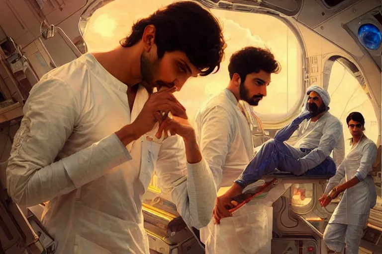 Image similar to Sensual good looking pale young Indian doctors wearing jeans in a space station above Earth performing surgery, portrait, elegant, intricate, digital painting, artstation, concept art, smooth, sharp focus, illustration, art by artgerm and greg rutkowski and alphonse mucha