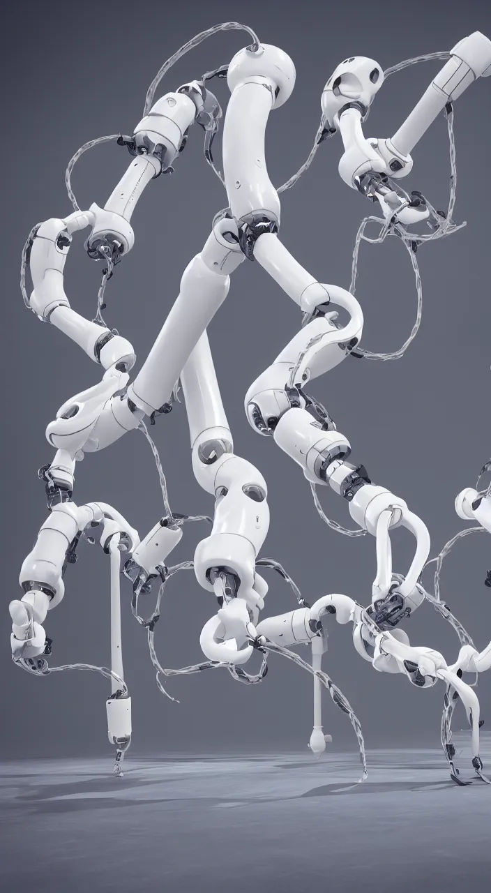 Image similar to three large white glossy kuka industrial robot arms in a gym swinging a jump rope for children, global illumination, artstation, fantasy