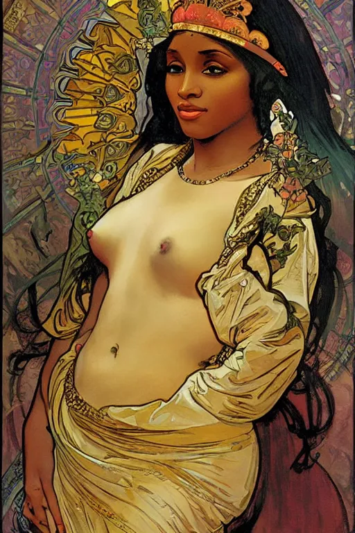 Prompt: painting of nikki minaj as the greek goddess of nail polish, by alphonse mucha