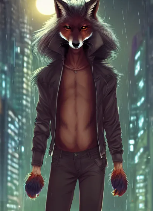 Image similar to award winning beautiful portrait commission of a male furry anthro melanated fox fursona with a tail and a cute beautiful attractive detailed furry face wearing stylish cyberpunk clothes in a cyberpunk city at night while it rains. Character design by charlie bowater, ross tran, artgerm, and makoto shinkai, detailed, inked, western comic book art