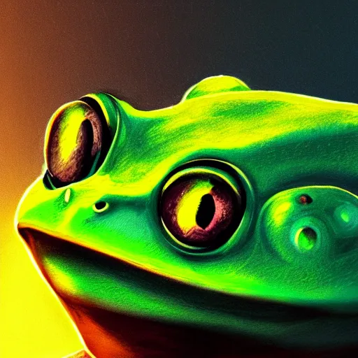 Prompt: close portrait of green frog bright colors, retrofuturism, apocalypse, concept art, trending on artstation
