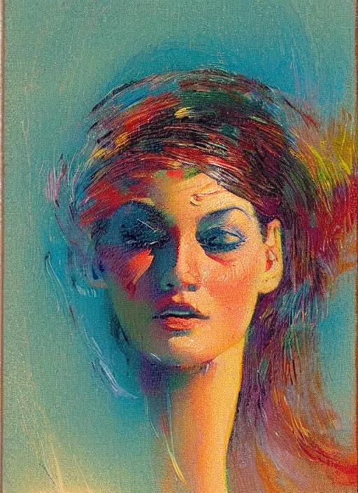 Image similar to an extreme close-up abstract portrait of a lady enshrouded in an impressionist representation of Mother Nature and the meaning of life by Igor Scherbakov, abstract, thick visible brush strokes, figure painting by Anthony Cudahy and Rae Klein, vintage postcard illustration, minimalist cover art by Mitchell Hooks