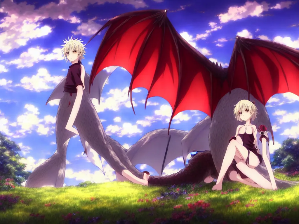 Prompt: anime art full body portrait character concept art, be surrounded snuggle by a huge red dragon, in the white clouds fairyland center, anime key visual of violet evergarden, finely detailed perfect face delicate features directed gaze, laying down in the grass at sunset in a valley, trending on pixiv fanbox, red evergarden, studio ghibli, extremely high quality artwork