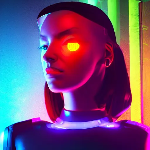 Image similar to female cyberpunk android in the style of beeple, neon lights, futuristic, 8 k resolution, trending on artstation, cg society, award winning