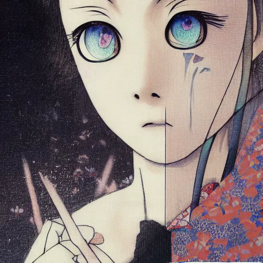 Prompt: yoshitaka amano blurred and dreamy realistic illustration of a young japanese woman in anime style with black eyes, wavy white hair fluttering in the wind wearing dress suit with tie, junji ito abstract patterns in the background, satoshi kon anime, noisy film grain effect, highly detailed, renaissance oil painting, weird portrait angle, blurred lost edges, three quarter view