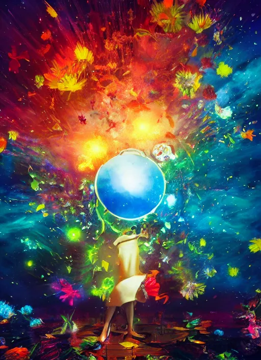 Image similar to An epic fantastic realism comic book style painting of the most beautiful spinning flowers floating into the dark cosmos, exquisite bouquets, fisheye, a star explodes into rainbows, unreal 5, DAZ, hyperrealistic, octane render, dynamic lighting