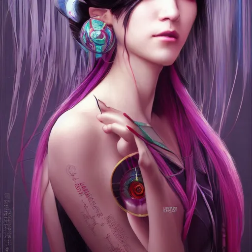 Image similar to a beautiful portrait of hatsune miku with long black and deep red colored hair and one purple colored cyberpunk eye, dressed a netrunner from shadowrun, intricate, elegant, highly detailed, digital painting, artstation, concept art, matte, sharp focus, illustration, art by greg rutkowski and alphonse mucha