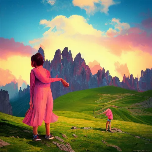 Image similar to giant carnation flower as a head, girl hiking in the dolomites, surreal photography, sunrise, dramatic light, impressionist painting, colorful clouds, digital painting, artstation, simon stalenhag