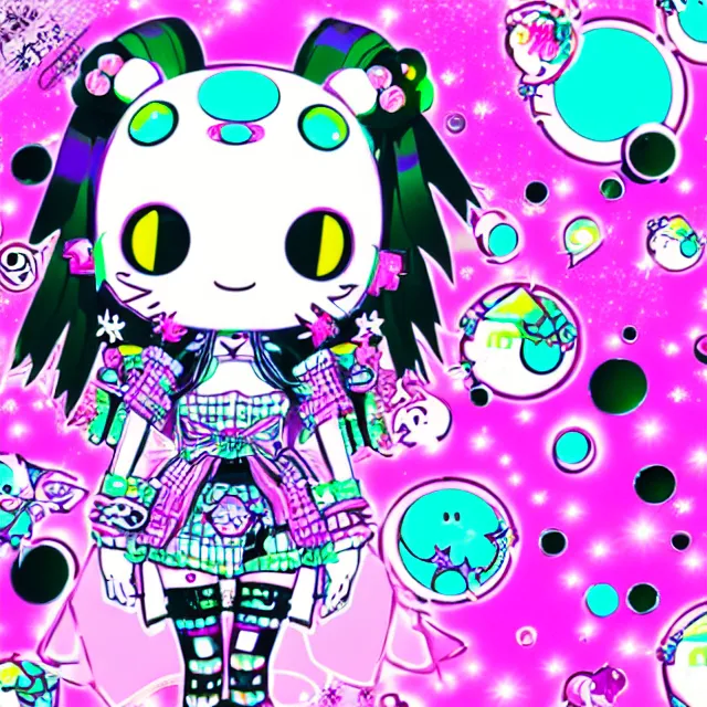 Image similar to cybergoth decora glitchcore yokai girl, sanrio ornaments, pastel cute cinematography