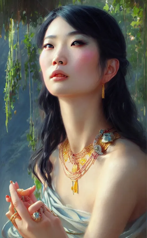 Image similar to a beautiful taiwan goddess with sundress with jewelry | | winter, realistic shaded, unpleasant face, good looking, fine details, realistic shaded lighting poster by greg rutkowski, magali villeneuve, artgerm, jeremy lipkin and michael garmash and macoto takahashi